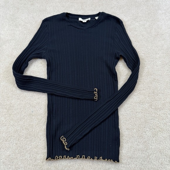 Vince Sweaters - Vince Merrow Stitch Rib Crew Neck Top Womens M Coastal Blue Contrast Lettuce Hem